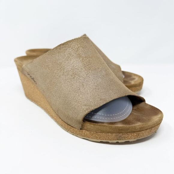 Papillio Tan & Metallic Gold Suede Cork Wedge Sandals Sz EU 41 Made in Portugal - Picture 9 of 9
